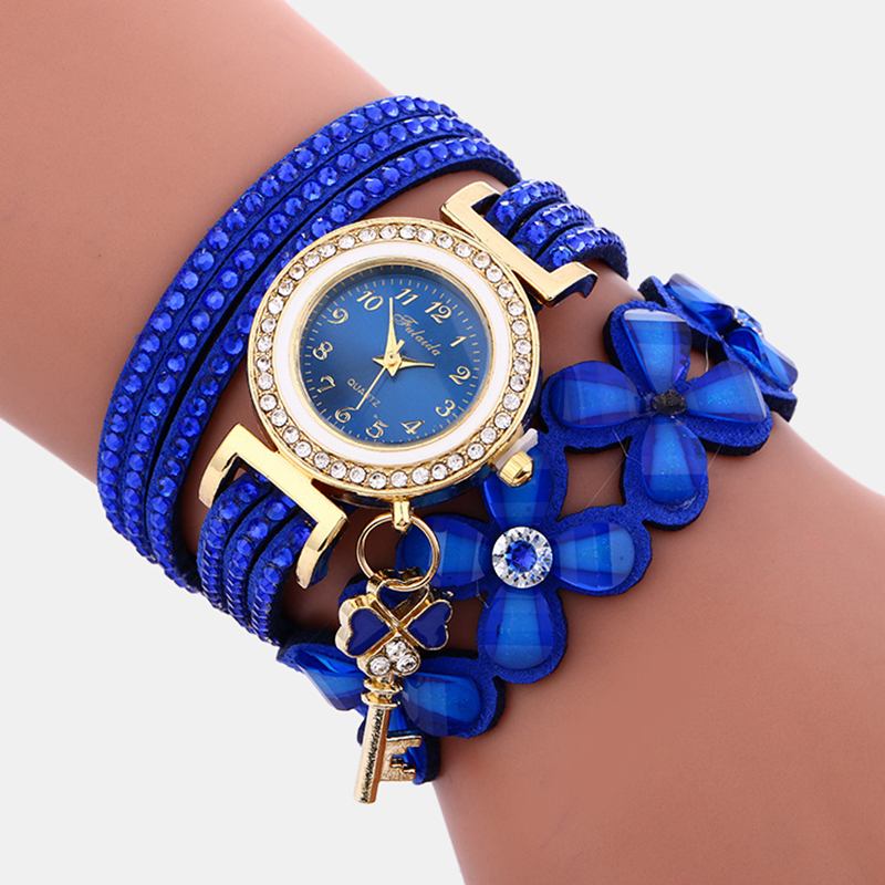 Mode Crystal Circle Armband Kvinnor Klocka Enkel Dial Flowear Mönster Quartz Watch