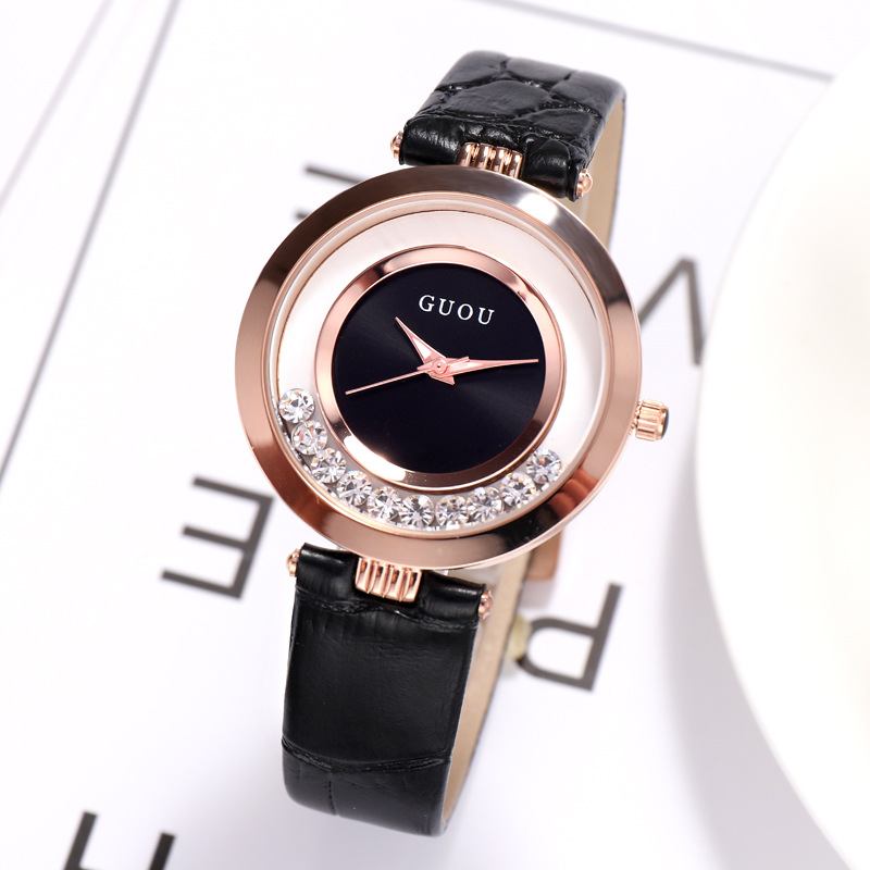 Mode Damklocka Ljus Lyx Full Stål Glitter Diamant Läderrem Kvinnlig Quartz Watch