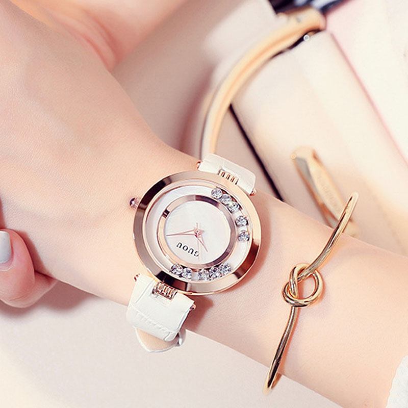 Mode Damklocka Ljus Lyx Full Stål Glitter Diamant Läderrem Kvinnlig Quartz Watch