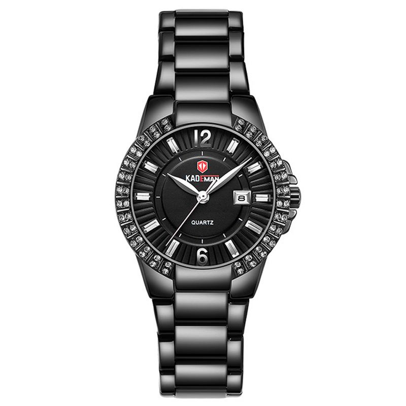 Mode Damklocka Ljus Lyx Vattentät Datum Display Rostfritt Stål Armband Quartz Watch