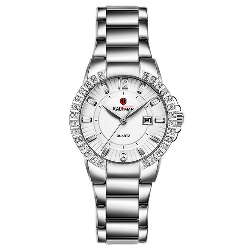 Mode Damklocka Ljus Lyx Vattentät Datum Display Rostfritt Stål Armband Quartz Watch