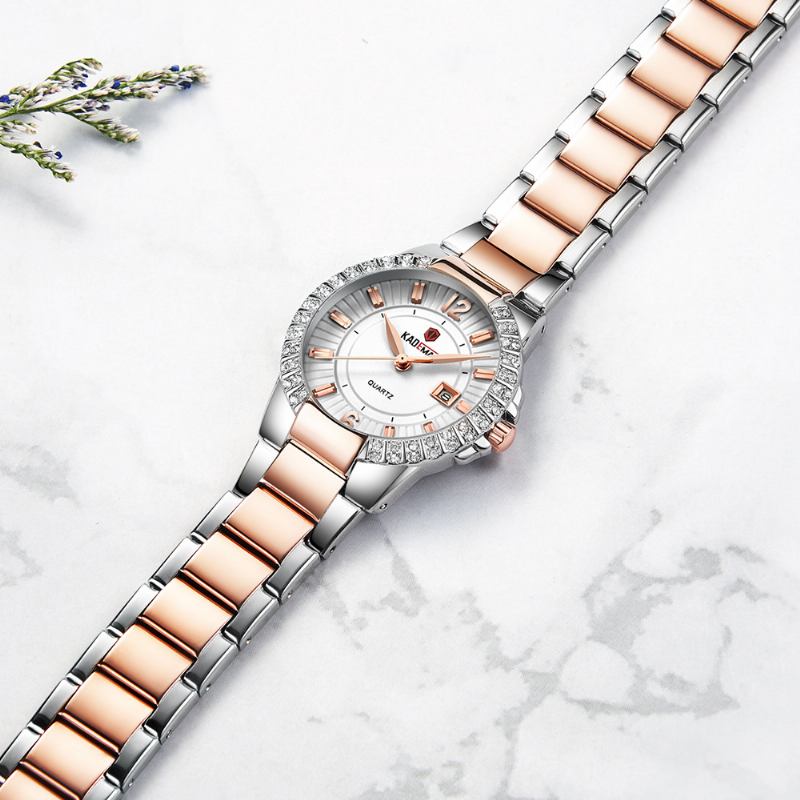 Mode Damklocka Ljus Lyx Vattentät Datum Display Rostfritt Stål Armband Quartz Watch