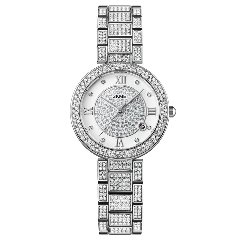Mode Elegant Klocka Rhinestone Dekoration Zink Watch Armband Datum Display 3atm Vattentät Kvinnlig Kvartsklocka