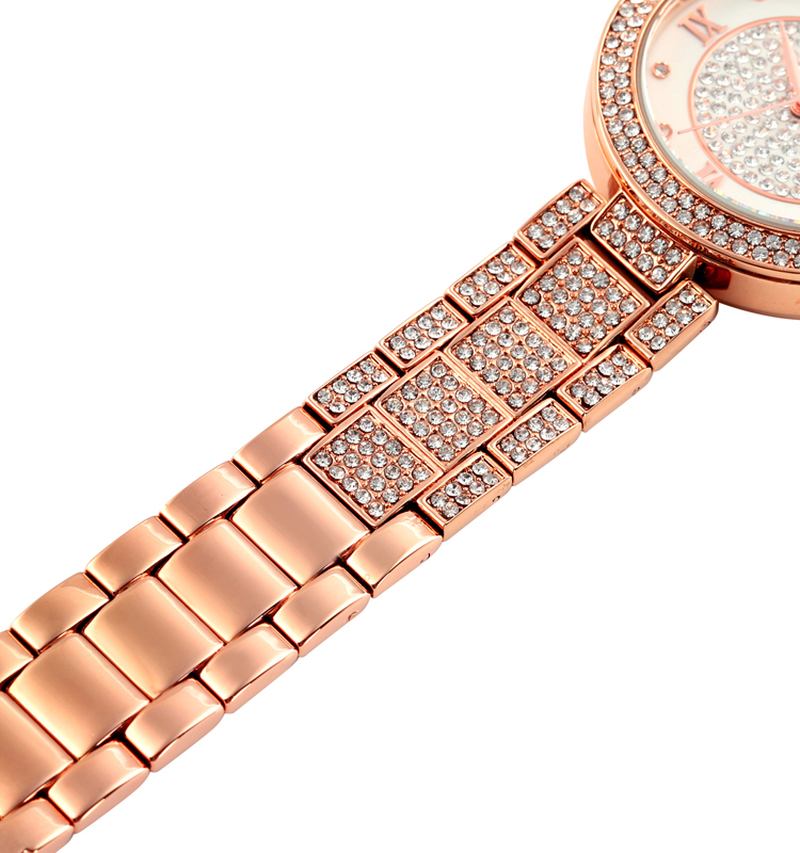 Mode Elegant Klocka Rhinestone Dekoration Zink Watch Armband Datum Display 3atm Vattentät Kvinnlig Kvartsklocka