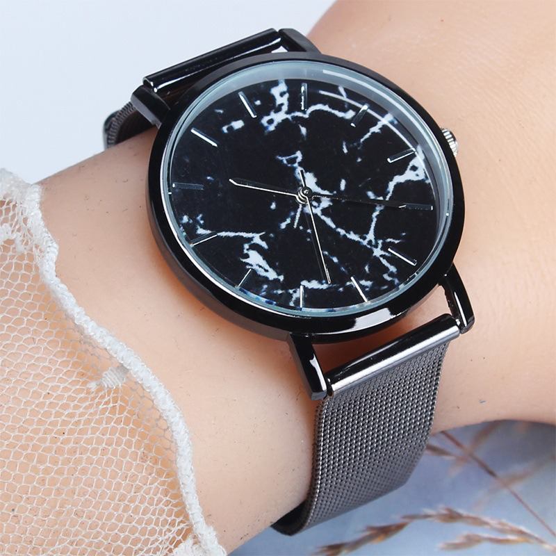 Mode Kvinnor Marmor Yta Rostfritt Stål Band Dam Klänning Quartz Watch