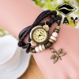 Mode Vintage Multi-layer Dragonfly Hänge Pärlarmband Kvarts Watch Armbandsur