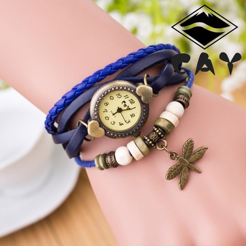 Mode Vintage Multi-layer Dragonfly Hänge Pärlarmband Kvarts Watch Armbandsur