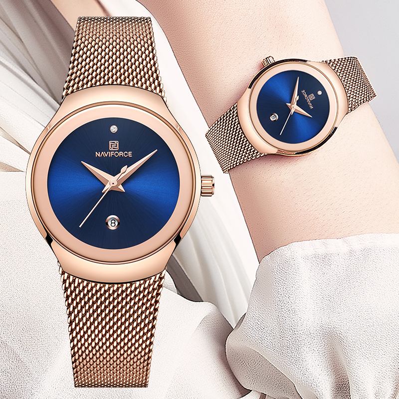 Vattentät Mesh Stål Damarmbandsur Modeabla Datumvisning Quartz Watch