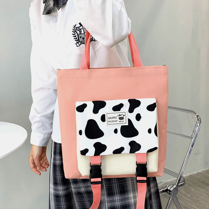 5 St Canvas Preppy Cow Pattern Multifunktionskombinationsväska Ryggsäck Tote Crossbody-väska Clutchplånbok