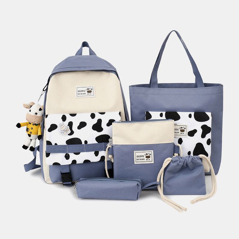 5 St Canvas Preppy Cow Pattern Multifunktionskombinationsväska Ryggsäck Tote Crossbody-väska Clutchplånbok