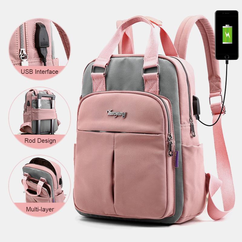 Kvinnor Canvas Multifunktion Vattentät Casual Patchwork Ryggsäck Med Usb-laddningsport