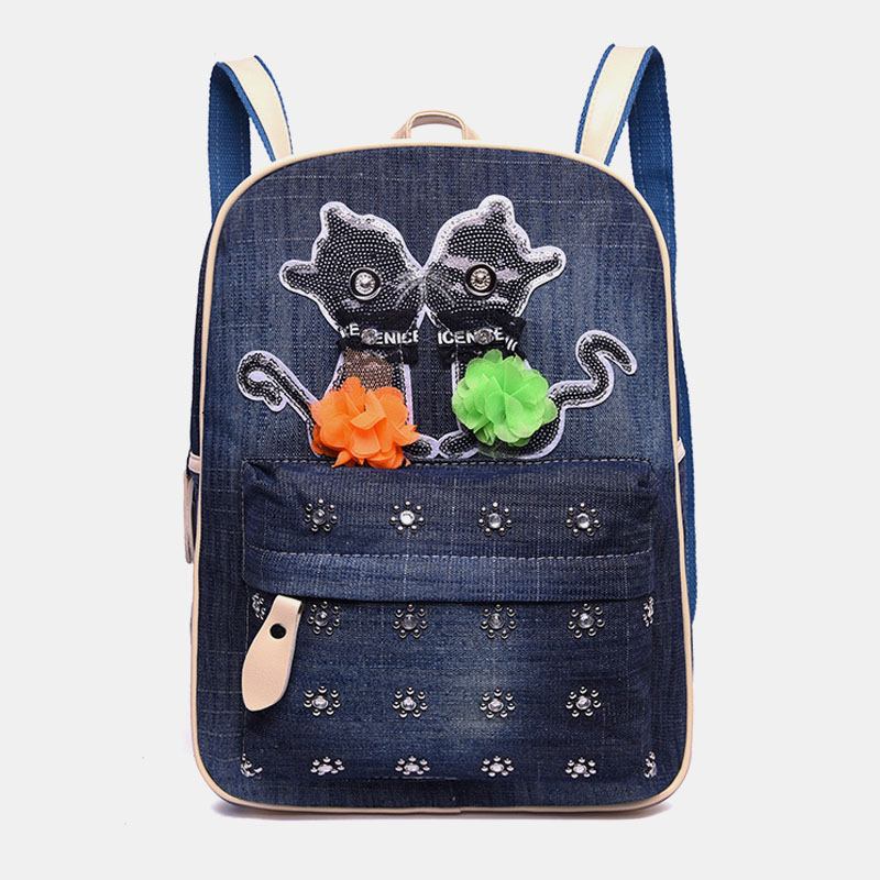 Kvinnor Canvas Söt Katt Med Tryck Patchwork Casual Ryggsäck Skolväska