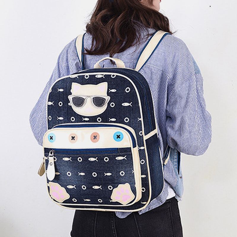 Kvinnor Canvas Söt Katt Med Tryck Patchwork Casual Ryggsäck Skolväska
