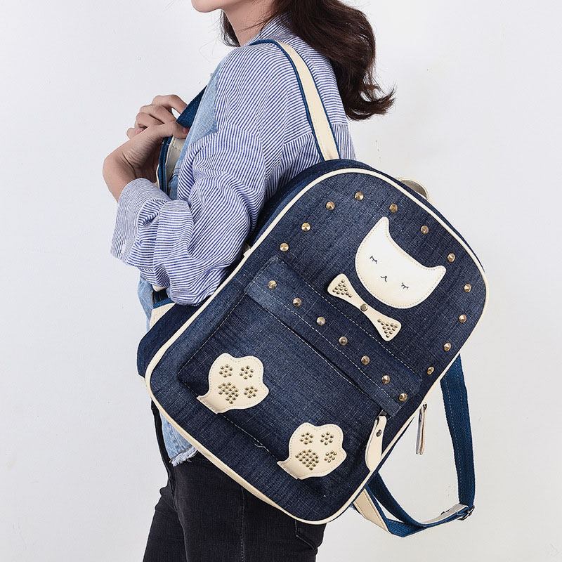 Kvinnor Canvas Söt Katt Med Tryck Patchwork Casual Ryggsäck Skolväska
