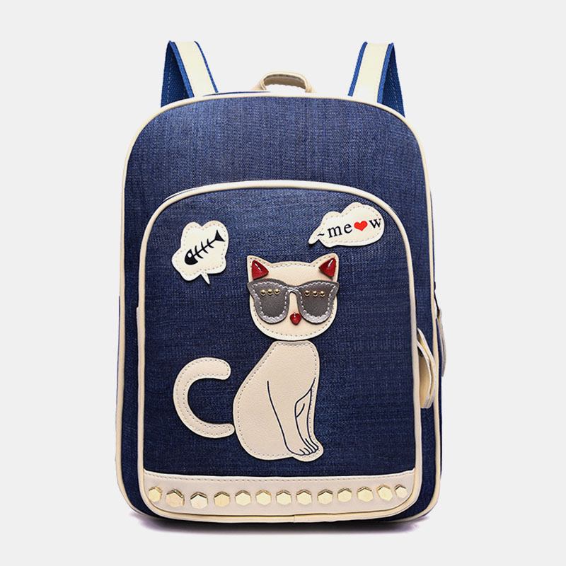 Kvinnor Canvas Söt Katt Med Tryck Patchwork Casual Ryggsäck Skolväska