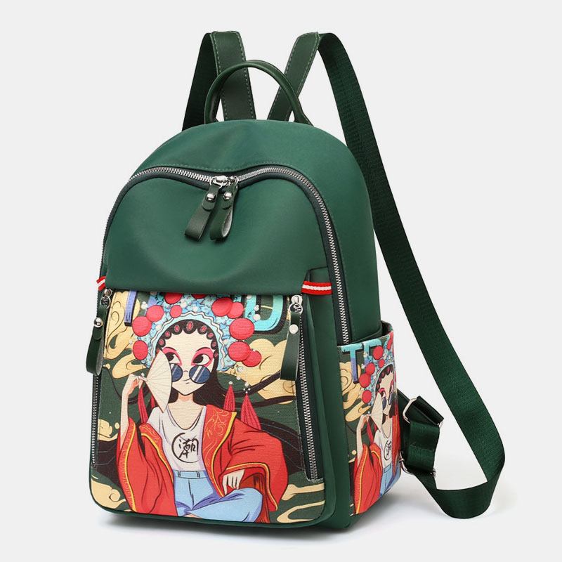Kvinnor Oxford Cartoon Peking Opera Tecken Tryckt Ryggsäck Stor Kapacitet Multi-pocket Axelväska