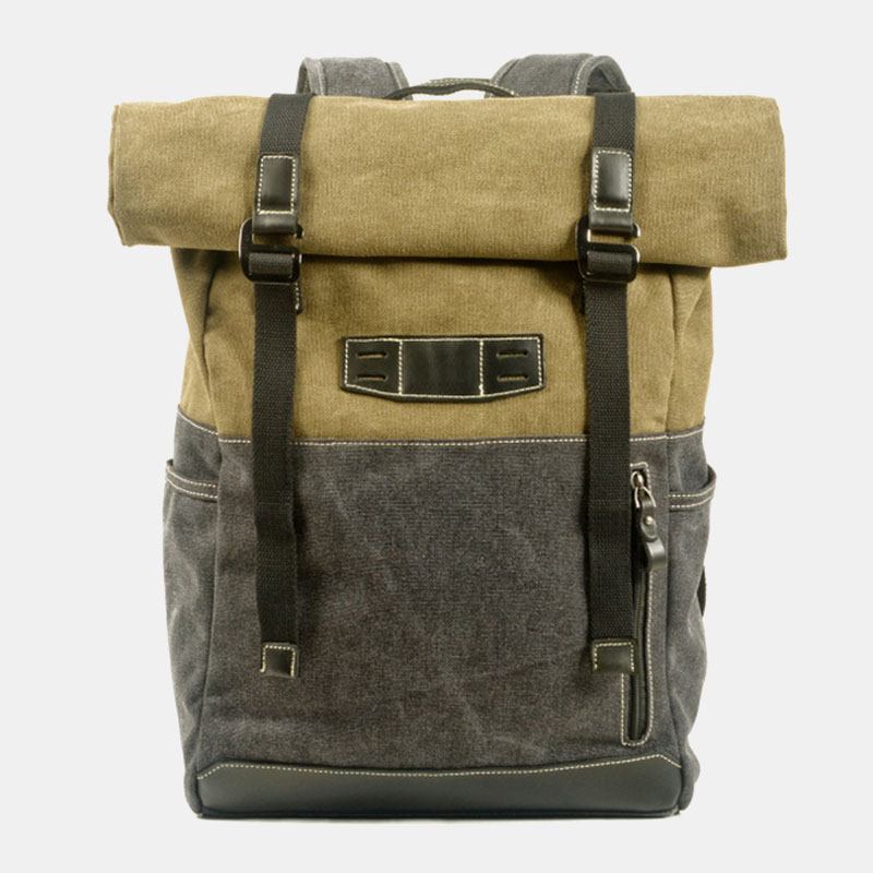 Män Äkta Läder Kohud Och Canvas Lapptäcke Utomhus Vattentät Stöldskydd Vandring 14 Tum Laptop Ryggsäck