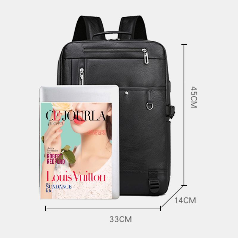 Män Usb-laddning Multi-pocket Pu-läderryggsäck Mode Casual Stor Kapacitet 15.6 Tums Bärbar Datorväska