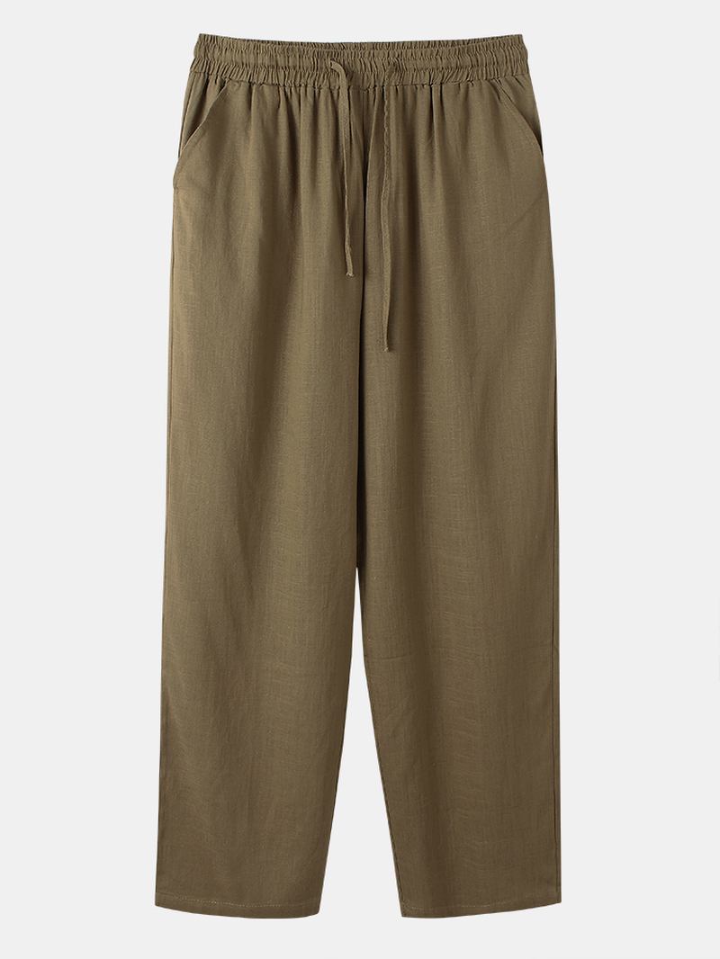 Bomull Herr Enfärgad Dragsko Loose Wide Leg Byxor Med Ficka