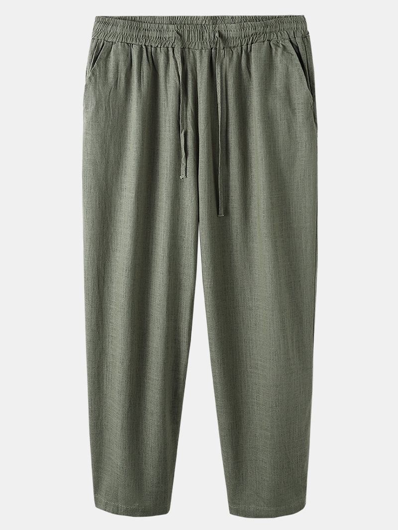 Bomull Herr Enfärgad Dragsko Loose Wide Leg Byxor Med Ficka