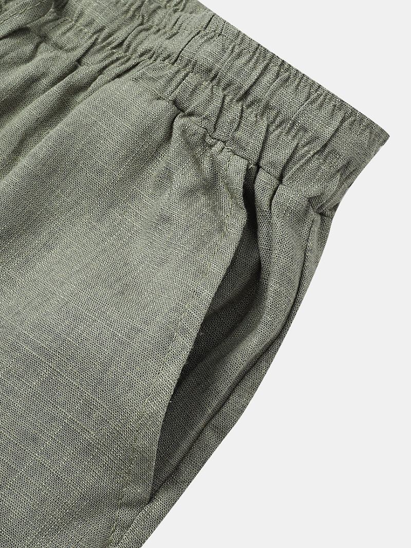 Bomull Herr Enfärgad Dragsko Loose Wide Leg Byxor Med Ficka