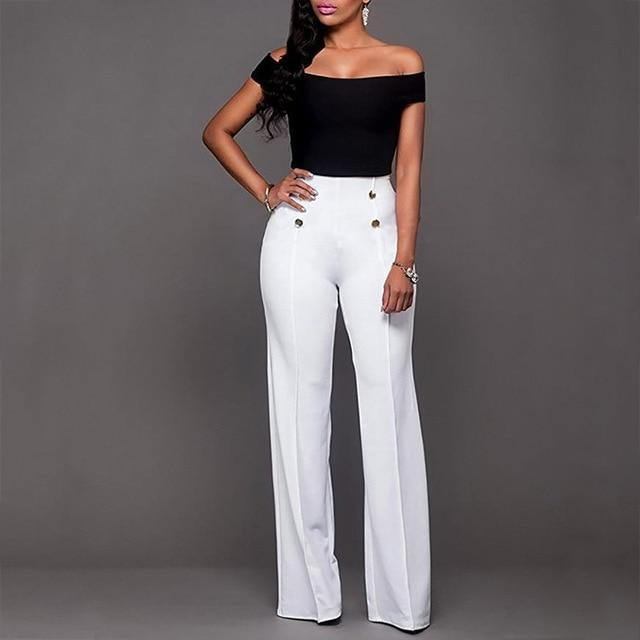 Breda Ben Hög Midja Kvinnor Byxor Knapp Plus Size Flare Casual Byxor Kontor Dam Lös Stretch Palazzo Byxor