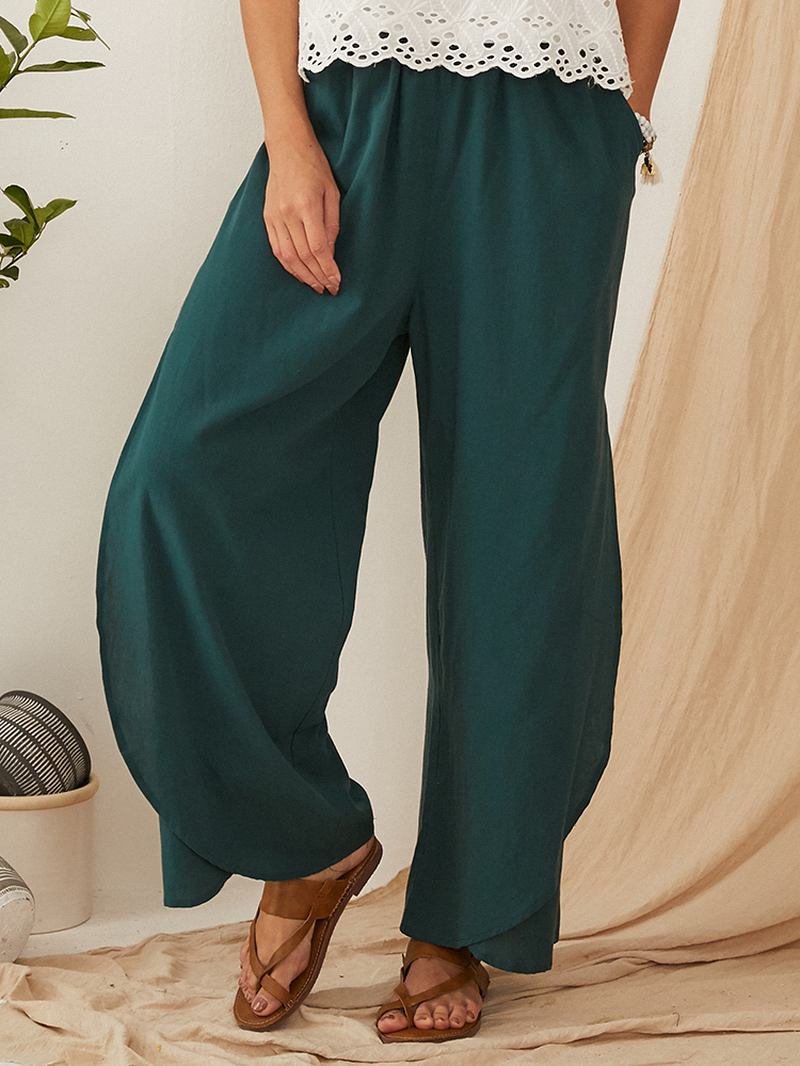 Casual Lös Elastisk Midja Ficka Vida Ben Massiva Byxor För Kvinnor