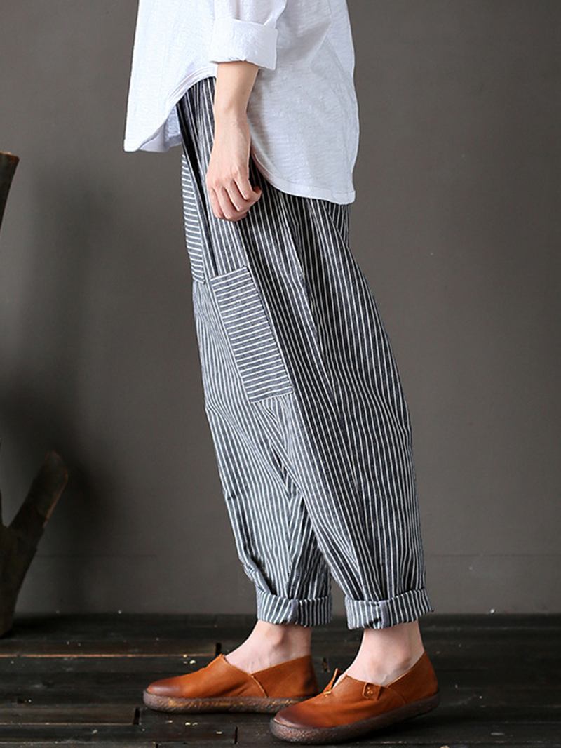 Dam Stripe Elastisk Midja Casual Lösa Harem Byxor