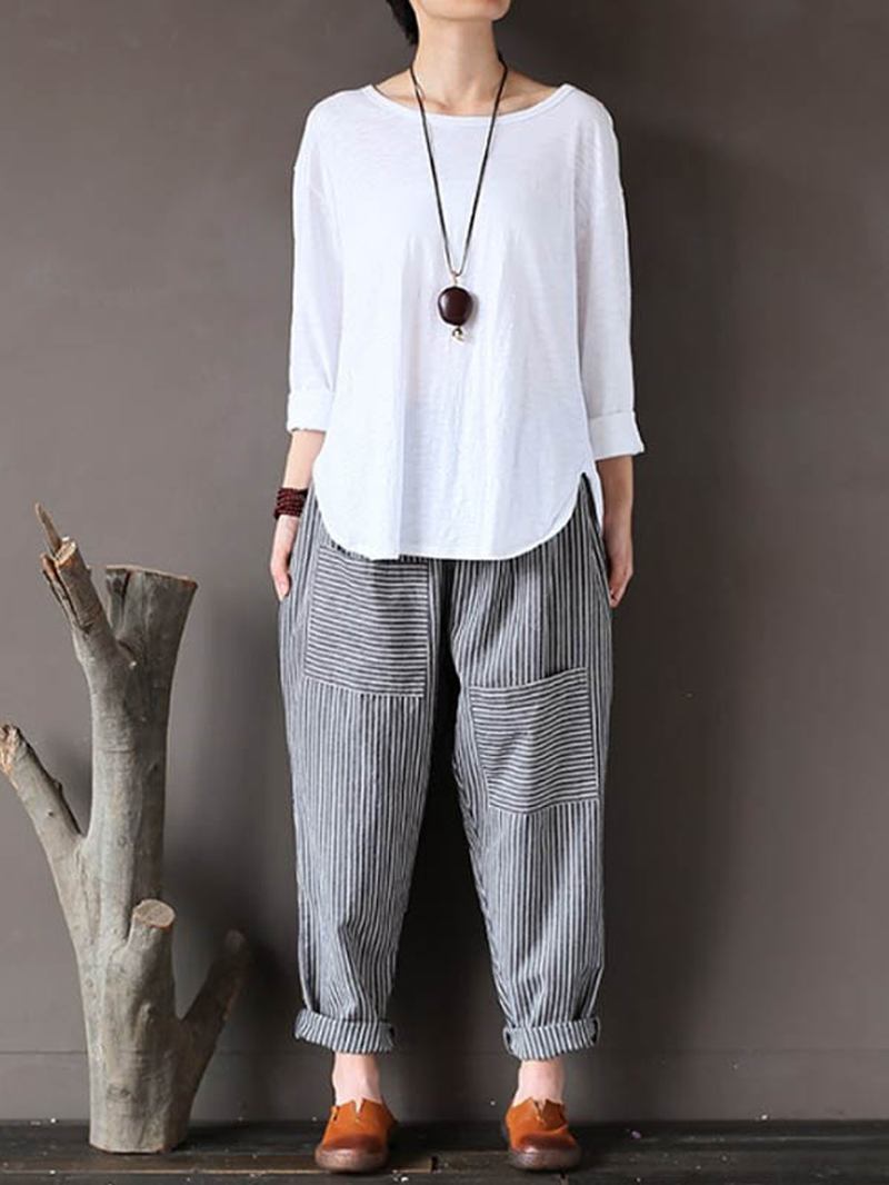Dam Stripe Elastisk Midja Casual Lösa Harem Byxor