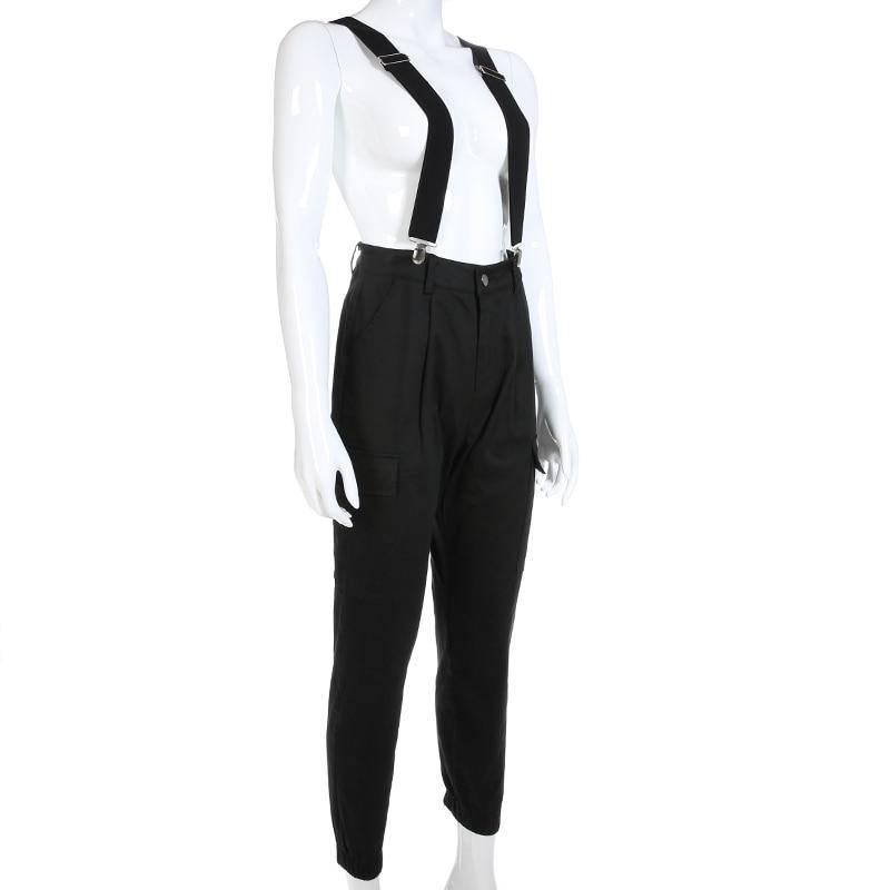Dam Svarta Streetwear-byxor Hög Midja Justerbar Strrp Cargo-byxor Dammode Pencil Byxor Byxor