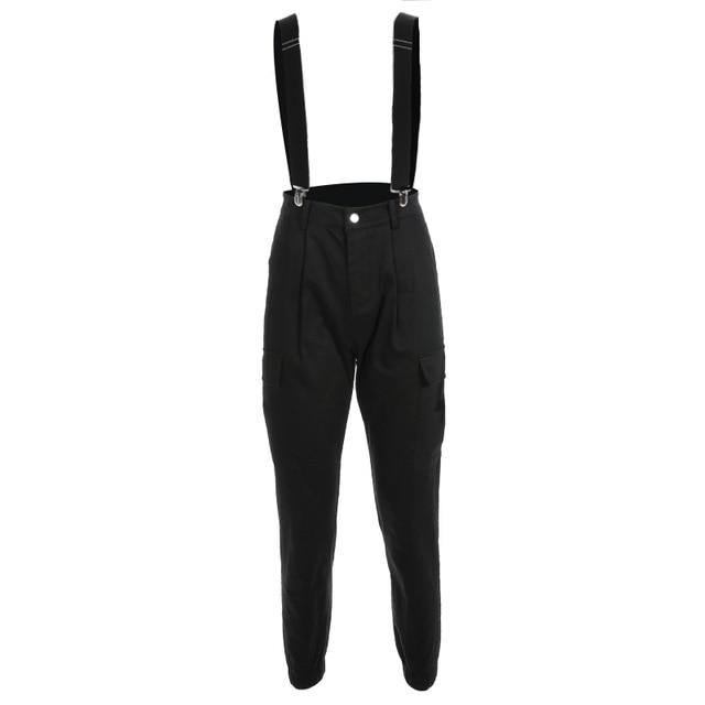 Dam Svarta Streetwear-byxor Hög Midja Justerbar Strrp Cargo-byxor Dammode Pencil Byxor Byxor
