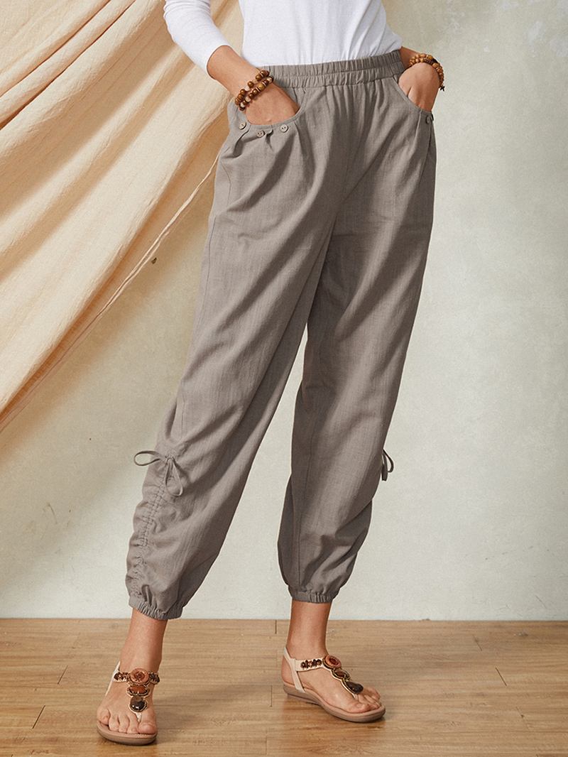 Enfärgad Ficka Elastisk Midja Dragsko Design Casual Bomull Kvinnor Byxor
