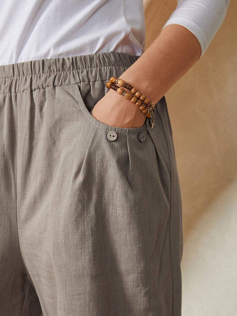 Enfärgad Ficka Elastisk Midja Dragsko Design Casual Bomull Kvinnor Byxor