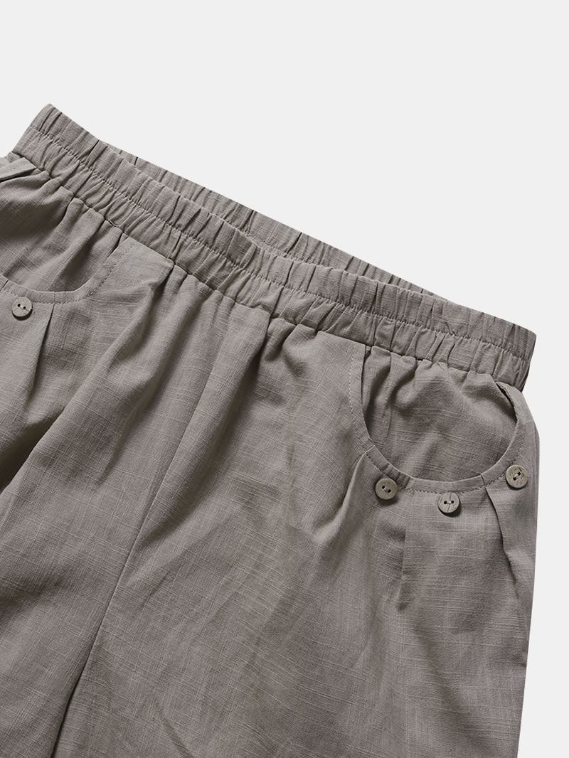 Enfärgad Ficka Elastisk Midja Dragsko Design Casual Bomull Kvinnor Byxor