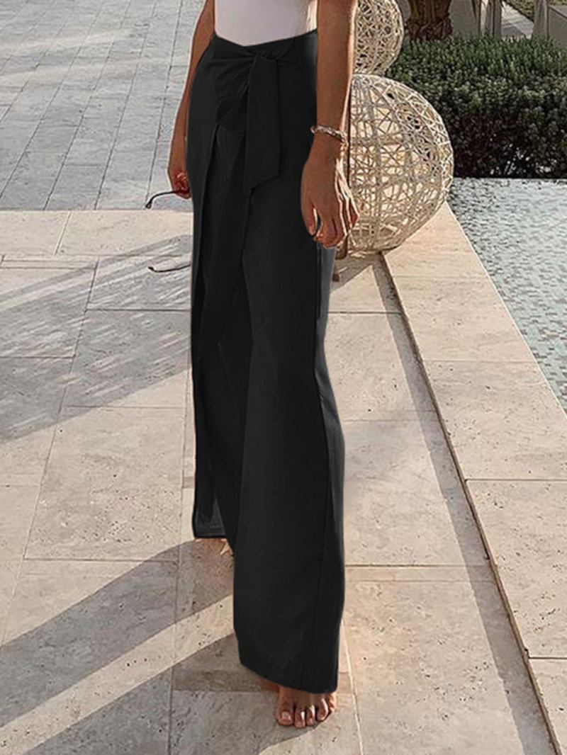 Enfärgad Hög Midja Bandage Dragkedja Oregelbunden Kvinnor Casual Wide Leg Byxor