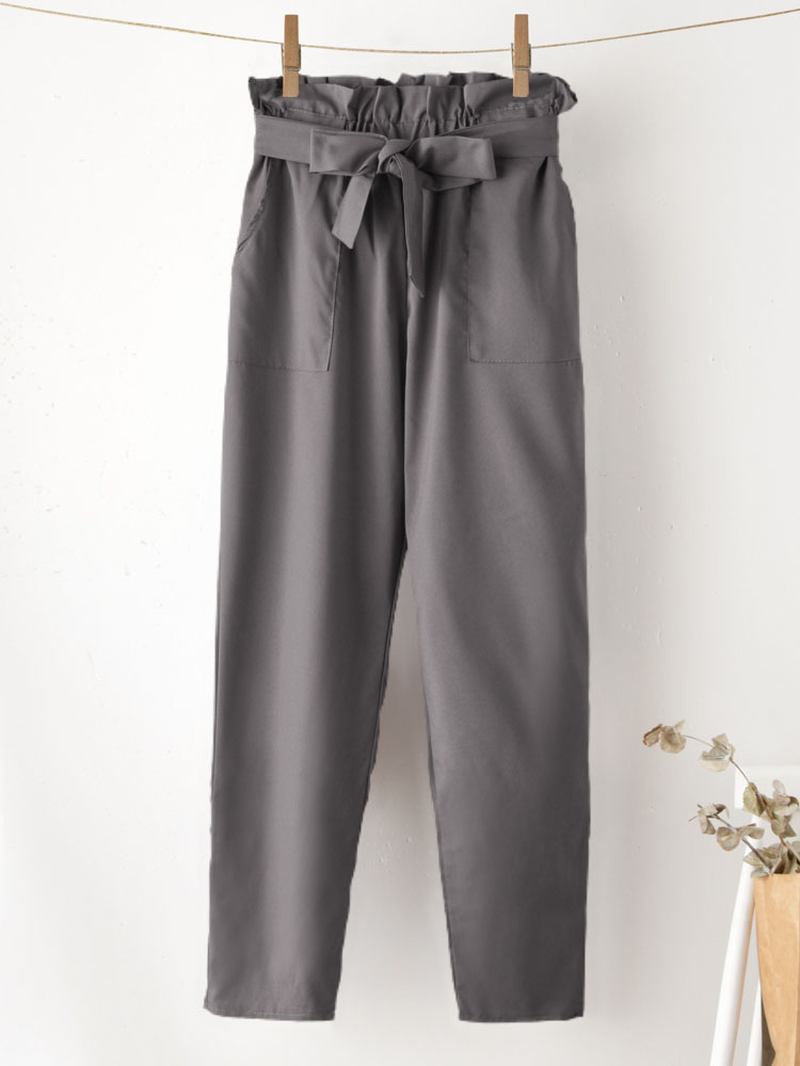 Enfärgad Volang Knutna Ficka Casual Cropped Byxor För Kvinnor