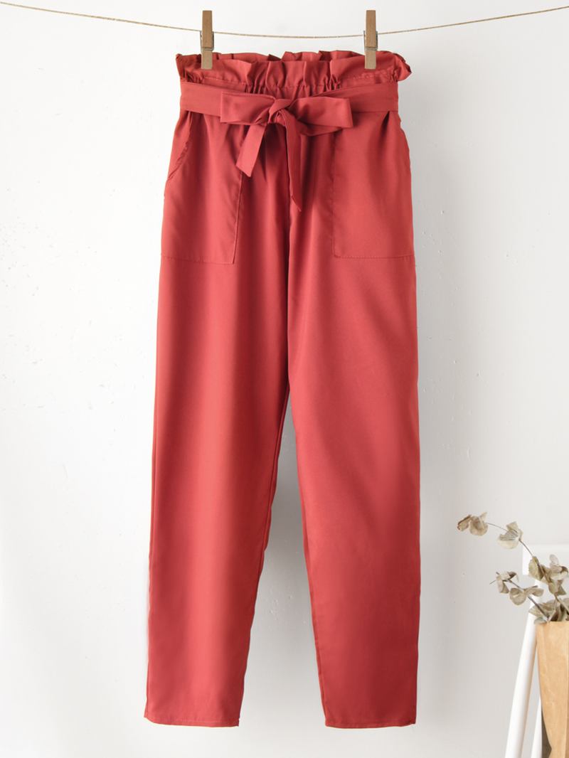 Enfärgad Volang Knutna Ficka Casual Cropped Byxor För Kvinnor