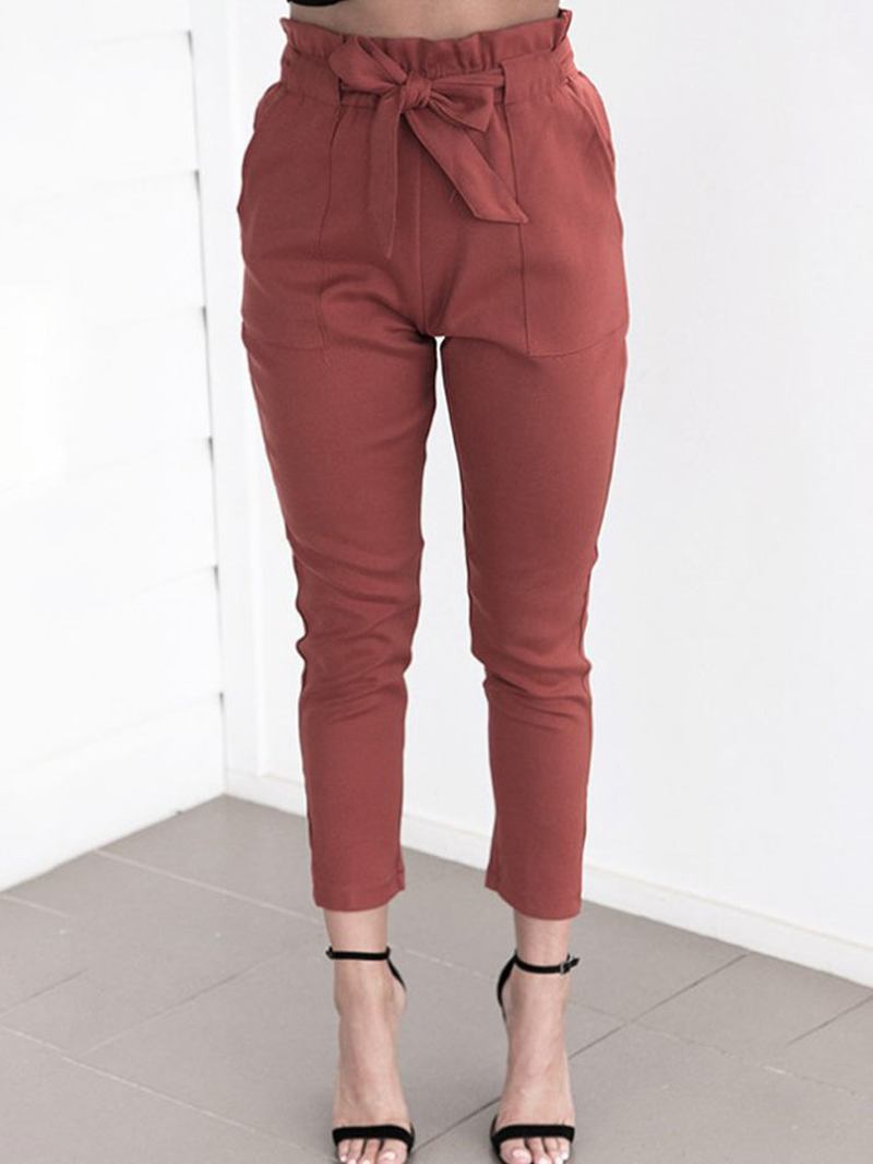 Enfärgad Volang Knutna Ficka Casual Cropped Byxor För Kvinnor