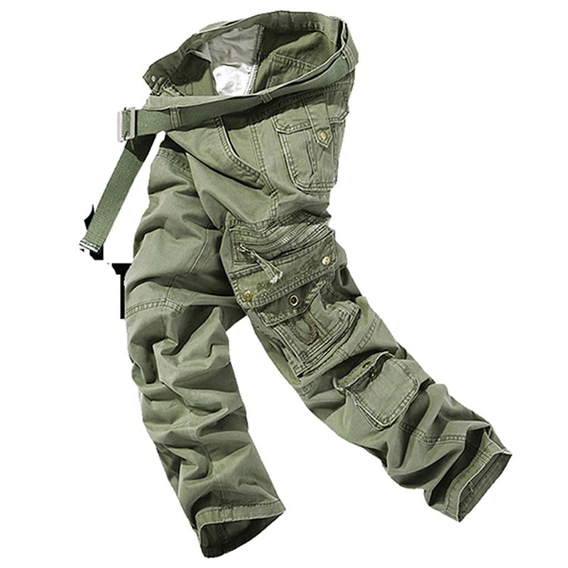 Enfärgade Herrar Med Flera Fickor 100% Bomull Casual Cargo Byxor Raka Utomhusbyxor