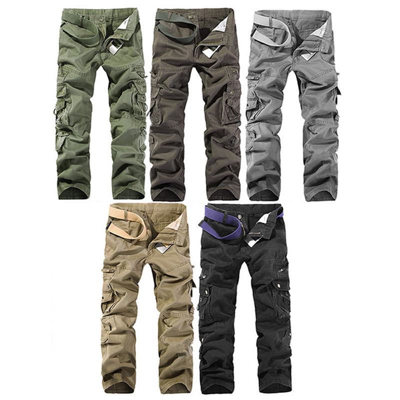 Enfärgade Herrar Med Flera Fickor 100% Bomull Casual Cargo Byxor Raka Utomhusbyxor
