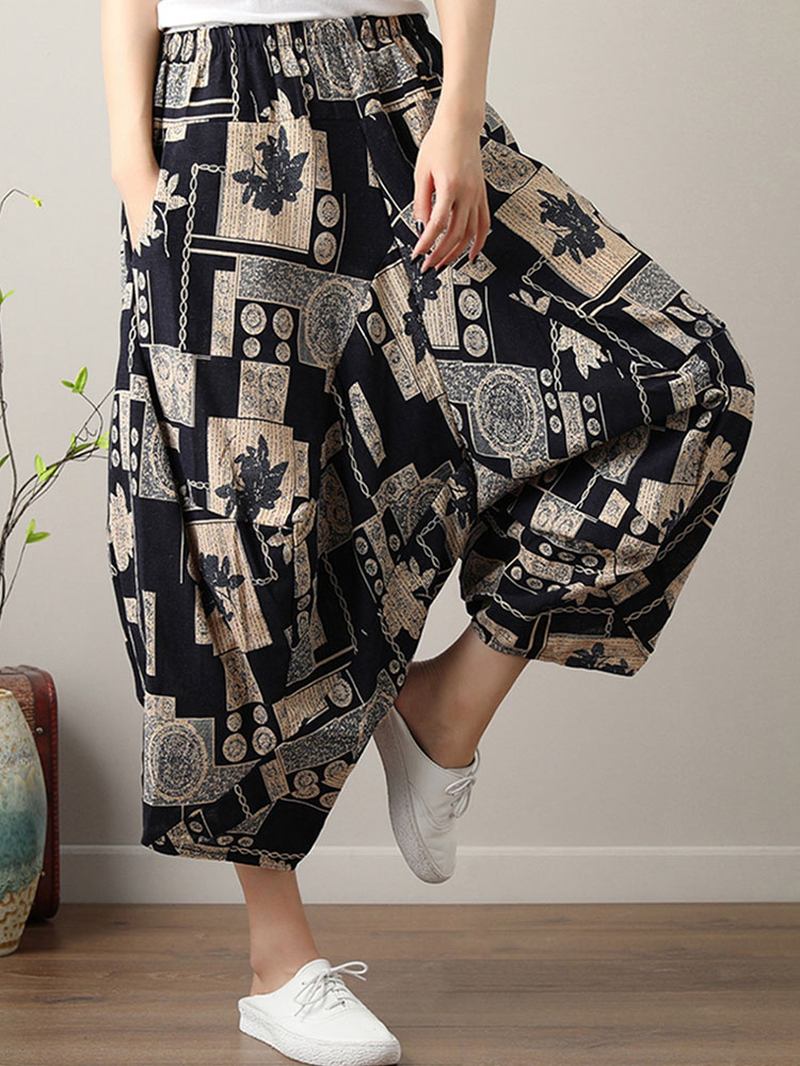 Etnisk Tryckficka Asymmetrisk Elastisk Midja Lös Casual Cropped Byxor