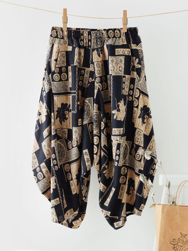 Etnisk Tryckficka Asymmetrisk Elastisk Midja Lös Casual Cropped Byxor