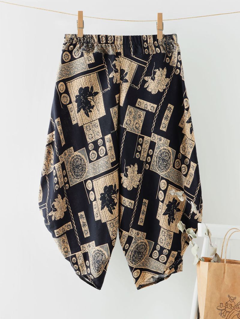 Etnisk Tryckficka Asymmetrisk Elastisk Midja Lös Casual Cropped Byxor