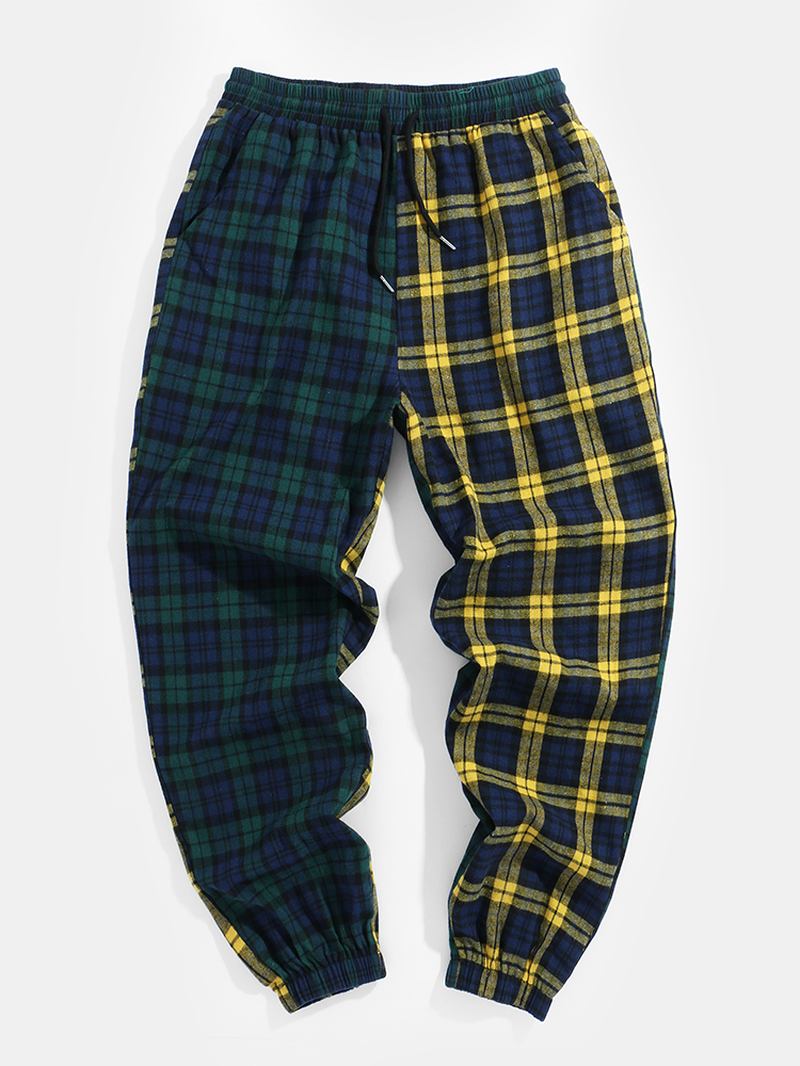 Herr 100% Bomull Kontrast Pläd Patchwork Pocket Joggerbyxor Med Dragsko