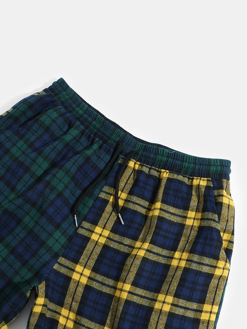 Herr 100% Bomull Kontrast Pläd Patchwork Pocket Joggerbyxor Med Dragsko
