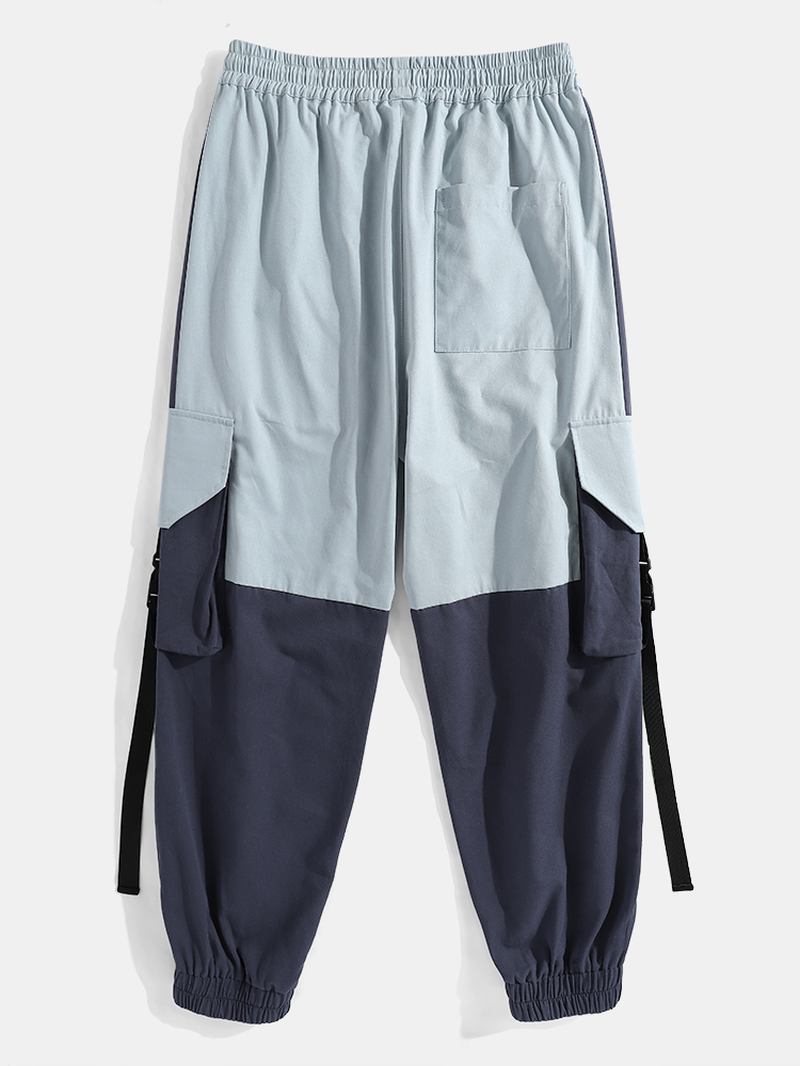 Herr 100% Bomull Kontrasterande Färg Sömmar Snap Pocket Cargo Joggerbyxor