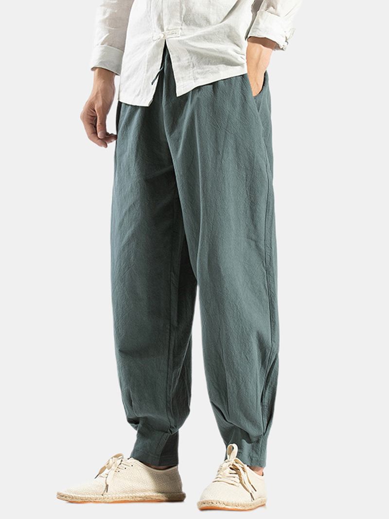 Herr 100% Bomull Orientalisk Elastisk Midja Enfärgad Haremsbyxa Med Ficka