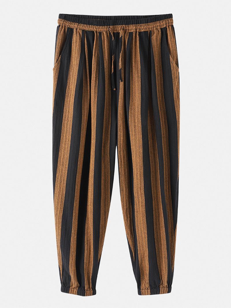 Herr 100% Bomullsränder Casual Dragsko Beam Feet Byxor