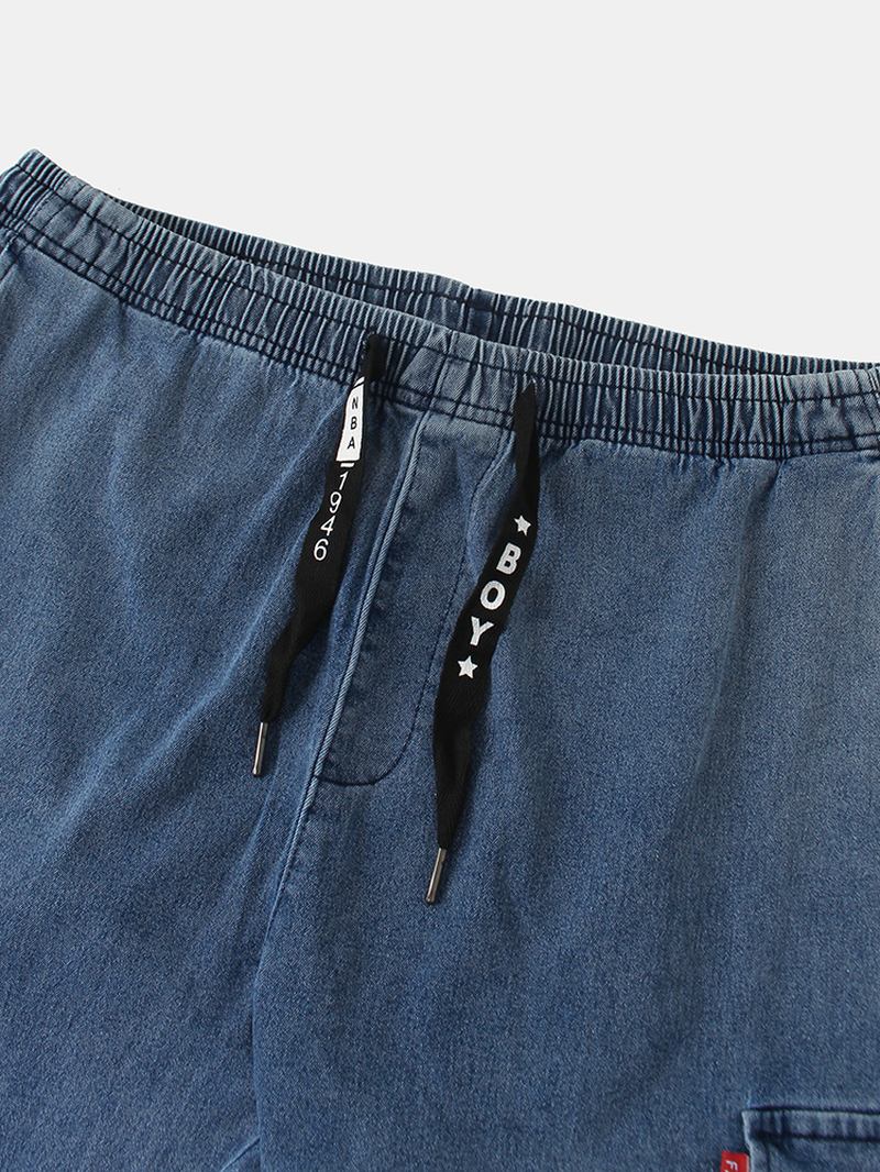 Herr Bomull Cargo Style Dragsko Elastiska Ankel Jeansbyxor Med Flera Fickor