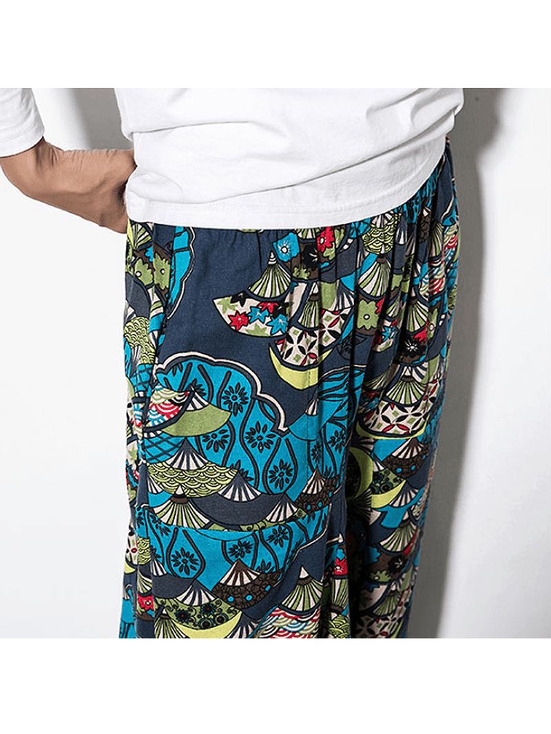 Herr Bomull Linne Vintage Harem Byxor Hip Hop Wide Leg Byxor